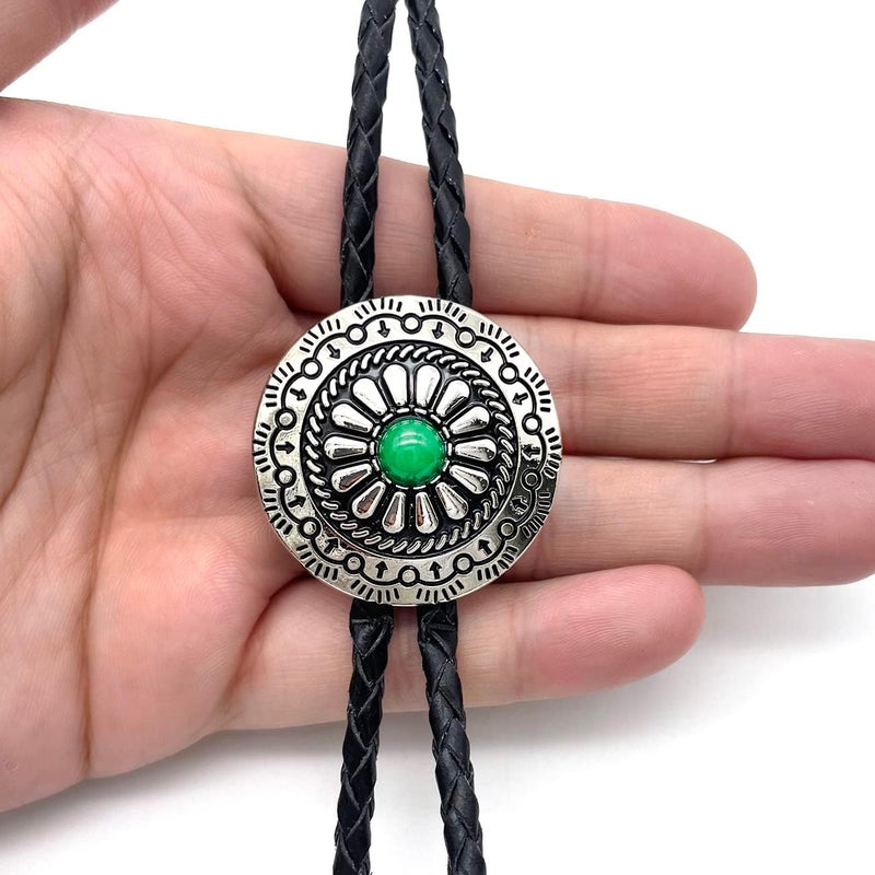 YOQUCOL Vintage American Western Cowboy Indian Art Stone Genunie Leather Bolo Tie For Men Women - Image 2